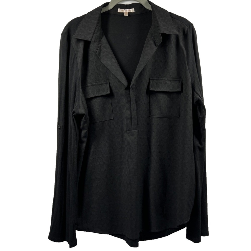 Skys Are Blue Women's‎ Top Blouse Size XL Petite Solid Black Semi Sheer Roll Tab